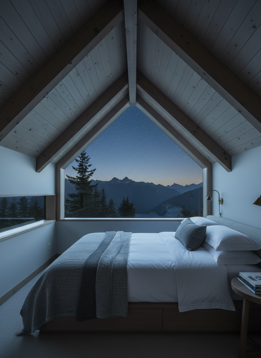 A sophisticated cabin bedroom tucked beneath a sloping timber ceiling, with exposed Douglas fir beams and smooth, matte-finished pine walls. A low-profile platform bed with crisp white linens, heather-gray wool blankets, and a textured charcoal throw sits centered under a large skylight that opens to a star-filled BC night sky and faint silhouette of mountain peaks. A narrow window along one wall reveals dark evergreen treetops. Photographic realism, lit primarily by the cool, silvery glow of moonlight filtering through the glass, complemented by a single warm bedside sconce creating a delicate pool of light. Shot from a slightly elevated corner of the room, maintaining sharp focus throughout. The mood is serene, intimate, and luxurious, evoking a sense of secluded mountain refuge and understated elegance.