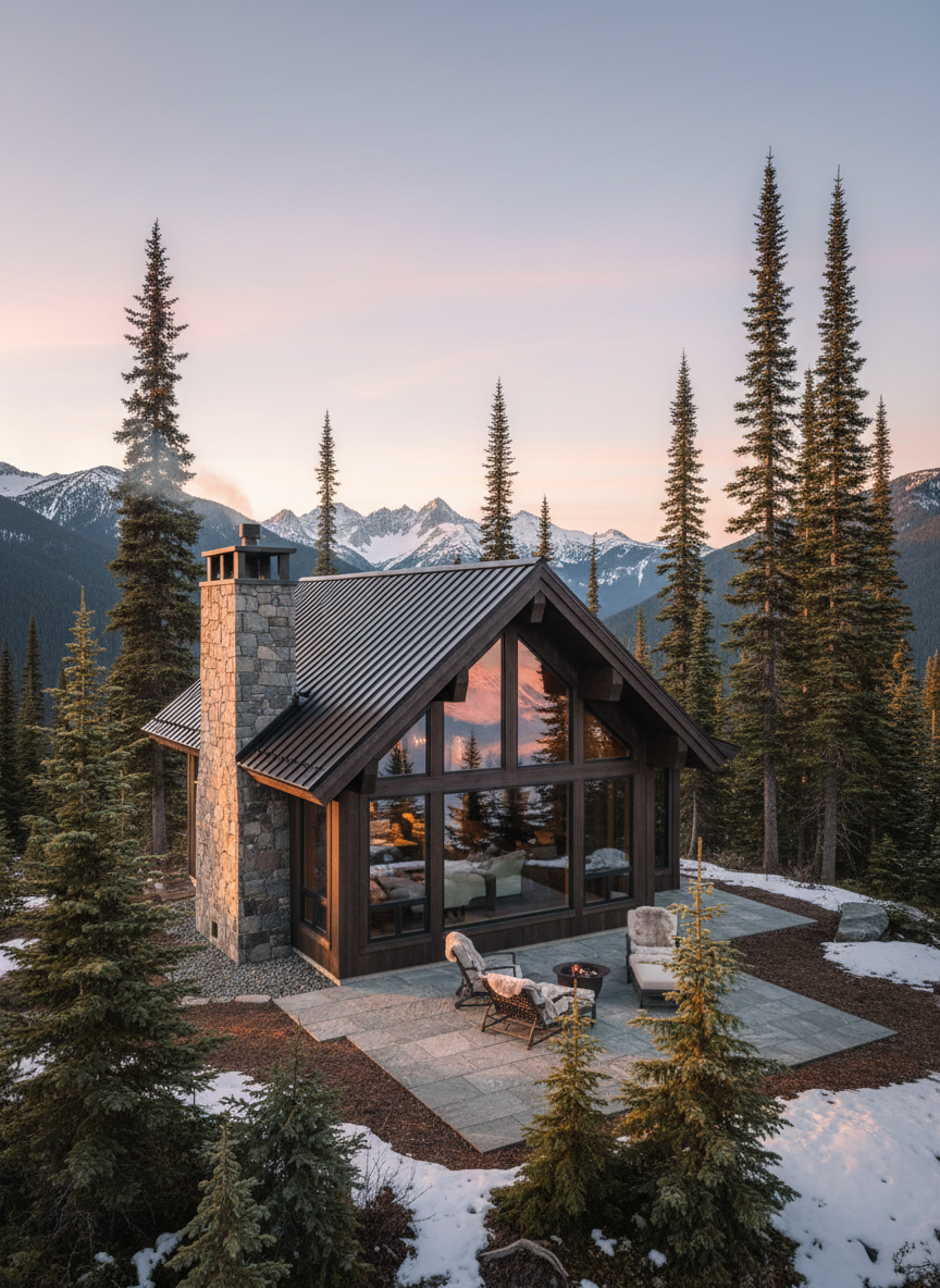 A secluded timber-framed mountain cabin with dark-stained cedar siding and a steep black metal roof, nestled among towering snow-dusted evergreens on a gentle BC mountainside. The wide glass windows reflect a pastel evening sky and distant, jagged peaks. A stone chimney rises elegantly from one side, with a faint curl of smoke hinting at warmth inside. Photographic realism, captured at golden hour with soft, low sunlight grazing the wood grain and casting long, refined shadows across a natural granite patio. Shot from a slightly elevated angle with a wide lens, emphasizing the cabin’s relationship to the expansive alpine landscape. The atmosphere is serene, sophisticated, and quietly luxurious, with crisp, cool mountain air suggested by the clarity of the scene.