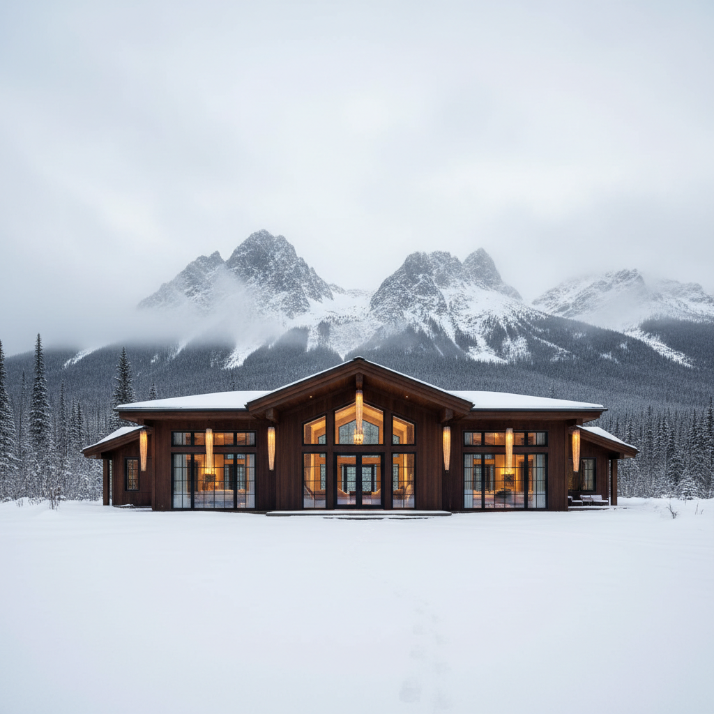 A dramatic, wide-angle exterior shot of the Mountain Top Lodge at first snowfall, the cabin’s dark wood façade and black-framed windows contrasting against freshly fallen, powdery white snow blanketing the surrounding BC forest. Icicle-like pendant lights along the roofline cast a warm, golden glow onto the snow, while subtle light spills from inside, hinting at a refined interior. Soft overcast daylight filters through low clouds hugging the nearby peaks, creating a diffused, ethereal ambiance. Photographic realism with a balanced, centered composition, the cabin occupying the lower third and the misty mountains rising behind. Footprints of a small animal cross the foreground snow, adding a touch of wilderness. The atmosphere is peaceful, secluded, and sophisticated, perfect for showcasing a winter mountain getaway.