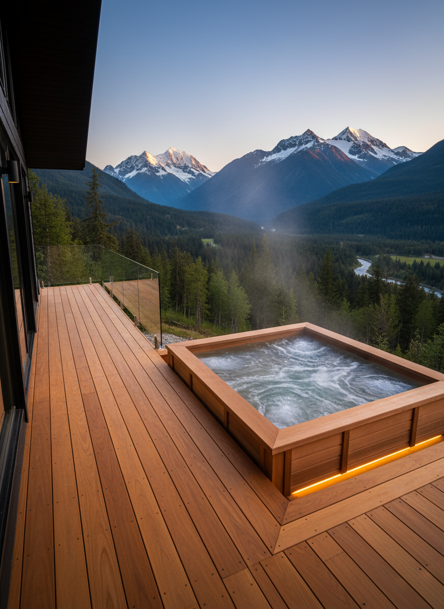 A polished wooden deck extending from a contemporary mountain cabin, overlooking a sweeping BC valley dotted with evergreen forests and distant glacier-capped peaks. The deck features a sleek, rectangular cedar hot tub with steaming, crystal-clear water, its surface reflecting the evening sky. A minimalist glass railing runs the edge, barely interrupting the view. Photographic realism, captured at dusk as the last warm light brushes the mountains, while subtle recessed deck lighting casts a gentle glow on the rich wood planks. Shot from a low corner angle along the deck boards, leading the eye toward the horizon. The atmosphere is tranquil and indulgent, blending rustic natural materials with refined, modern design to convey an exclusive mountain getaway experience.
