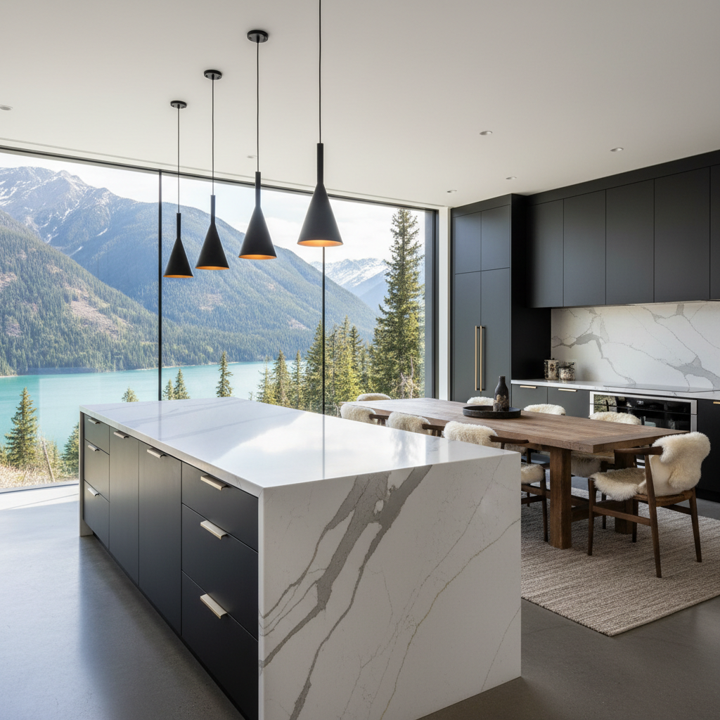 An expansive, open-concept kitchen and dining area in a luxury mountain cabin, featuring a massive, waterfall-edge island of veined white quartz, paired with matte black cabinetry and brushed brass hardware. A wall of floor-to-ceiling glass reveals a sweeping BC mountain panorama, with dense evergreen slopes and a distant, glacier-fed lake. Photographic realism, illuminated by soft midday natural light flooding in, accentuated by slim, minimalist pendant lights above the island casting warm, focused pools on the stone surface. Shot from a slightly elevated, wide-angle perspective to capture the full room, with crisp detail on surfaces and a gentle falloff toward the glass. The atmosphere is sophisticated yet welcoming, highlighting the lodge’s fusion of high-end design with dramatic alpine surroundings.