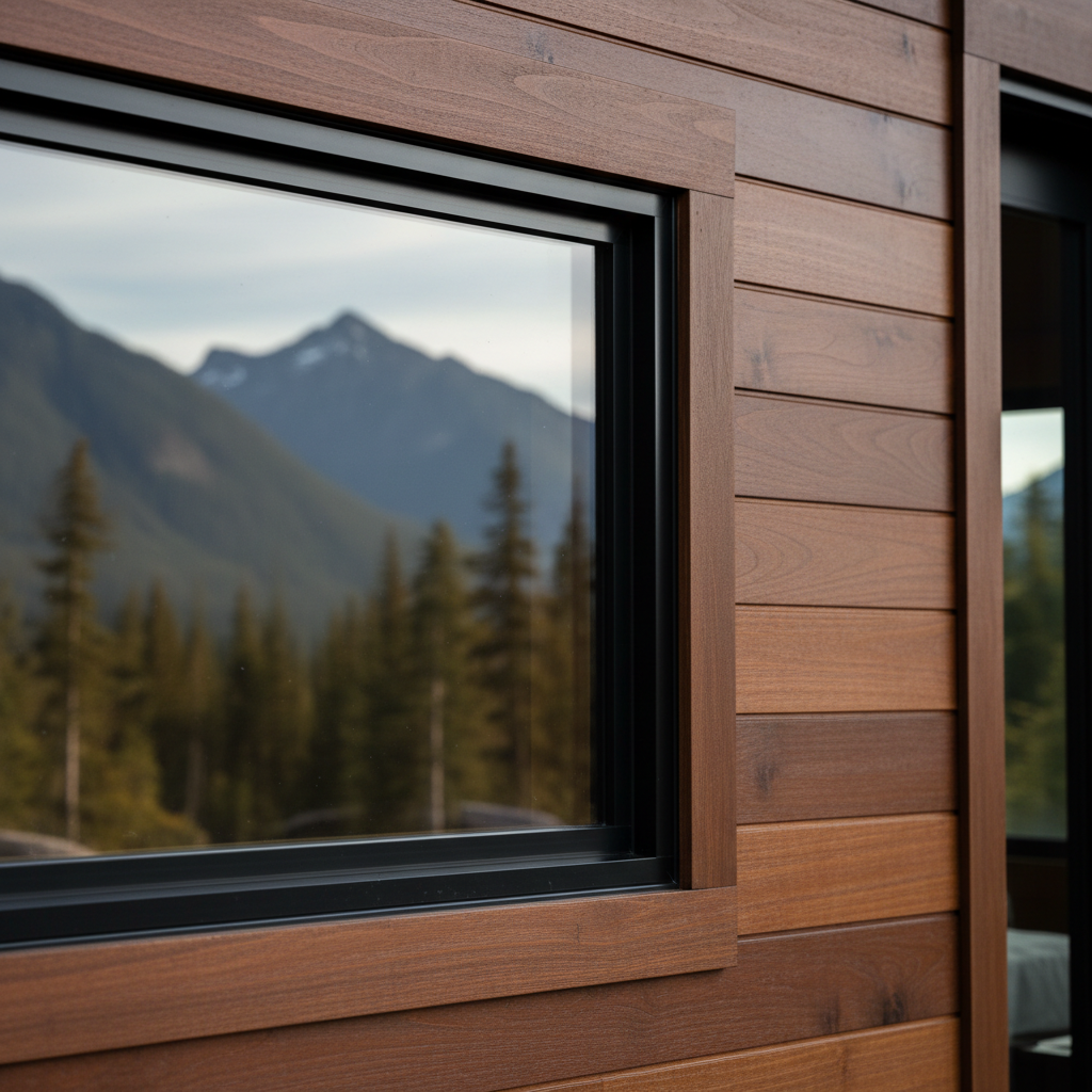A close-up, detail-focused composition of a cabin’s corner window, where sleek black metal framing meets finely milled cedar siding with a rich, oiled finish. Through the immaculate glass, a blurred yet recognizable reflection of BC’s rugged mountain skyline and dense conifer forest appears, subtly distorted at the edges. Photographic realism, captured in soft late-afternoon overcast light that enhances the textures of wood grain and metal without harsh shadows. Shot at a three-quarter angle with shallow depth of field, the siding and frame in crisp focus while the landscape remains a gentle backdrop. The mood is modern and refined, emphasizing craftsmanship and the harmonious intersection between contemporary architecture and raw alpine nature at the Mountain Top Lodge.