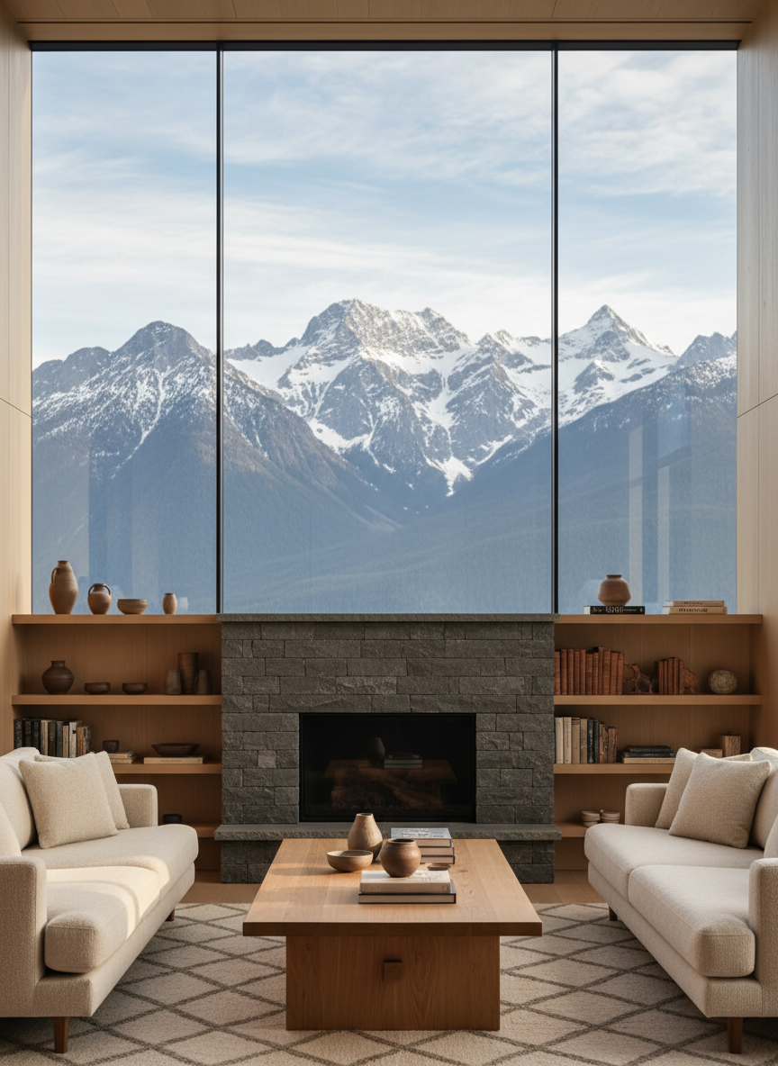 An intimate view of a meticulously designed cabin living room interior, featuring a floor-to-ceiling picture window framing a dramatic BC mountain range. A minimalist, charcoal-gray stone fireplace anchors the space, flanked by smooth, blonde-wood paneling and built-in shelves with carefully arranged ceramics and books. A low, cream wool sofa and a solid oak coffee table sit on a textured, natural-fiber rug. Photographic realism with soft, diffused morning light streaming through the glass, creating gentle highlights on the wood and subtle reflections on the window. Shot at eye level with a moderate depth of field, ensuring crisp detail on textiles and surfaces while the mountains remain slightly softened. The mood is calm, refined, and quietly opulent, showcasing the cabin as a sophisticated mountain retreat.